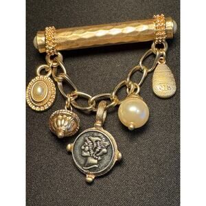 Vintage Gold Tone 5 Charm Straight Bar Brooch